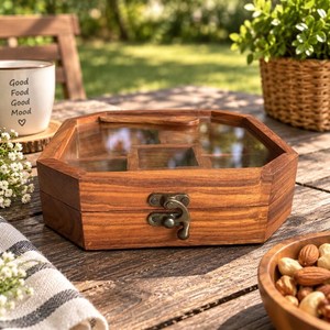 Hexagon Solid Wood Storage <b>Box</b> With Acrylic Lid Divided Compartments For Nuts Dried Fruits Tabletop Display Handmade - Product Image 6