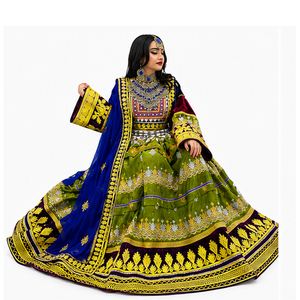 Lehenga Choli de seda verde con dupatta azul bordada, ropa de boda para mujer, largo hasta el suelo, vestidos indios afganos Kuchi. - Product Image 1