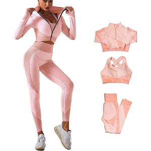 Wholesale High Quality 3 Piece Women Pink Black Fitness <b>Yoga</b> Sets Long Sleeve With <b>Jacket</b> <b>Yoga</b> Set For Fitness Women - Product Image 1