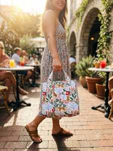 Sac fourre-tout en toile matelassée à imprimé léopard avec poignées rayées et fermeture éclair, style bohème, pour femme, idéal pour le shopping, la plage et les voyages quotidiens - Product Image 3