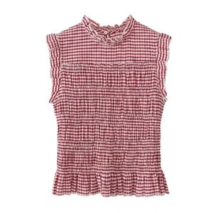 Custom <b>Red</b> Gingham Women's Sleeveless <b>Blouse</b> Ruffle Neck Gathered Hem Vintage Checkered Summer Casual Top - Product Image 1