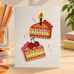 Carte de vœux artisanale de haute qualité en quilling, thème gâteau et cerises, pour anniversaire, papeterie cadeau, fabricant - Product Image 1