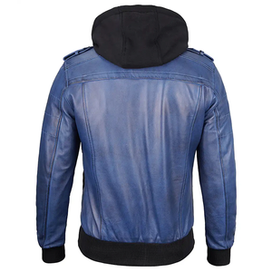 Veste à capuche en cuir de vache bleu pour homme, style motard, fermeture éclair, poches avant, coupe classique, hiver, tendance OEM - Product Image 2