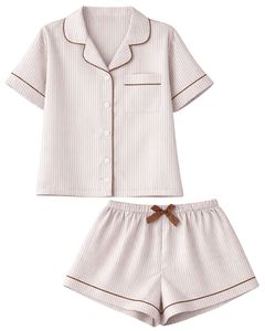 Conjunto de Pijama Personalizado para Mujer en Rayas Beige y Marrón, Manga Corta, Botones, Satén, Dos Piezas, Ropa de Dormir, Pantalones Cortos - Product Image 1