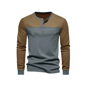 Custom Logo Printing Mens <b>Long</b> Sleeve Henley Shirt Round Neck Two Tone Cotton Knitted Heavyweight Men Casual Shirts Manufacturer - Product Image 4