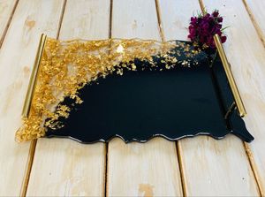 Luxury <b>Epoxy</b> Resin Serving Tray Modern Marble Resin Display Tray Handmade Gold Foil Resin Tray Abstract Resin <b>Coffee</b> Serving - Product Image 3