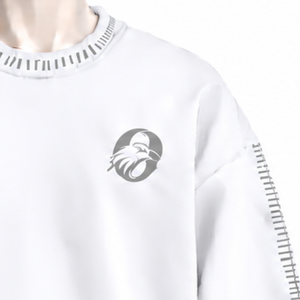 Sudadera de cuello redondo para hombre, blanca, con borde cosido, efecto desgastado, corte holgado, manga larga, estilo casual, streetwear, para uso diario. - Product Image 6