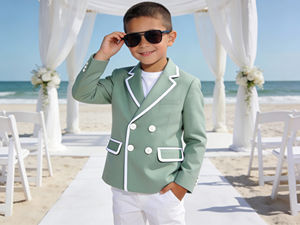 Ensemble de costume blazer vert menthe croisé pour garçons, idéal pour mariage et fête |   Blazer formel pour enfants avec pantalon blanc - Product Image 2