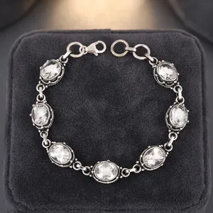 Vintage 925 Silver Oval Crystal Bracelet Women's <b>Chain</b> Link Jewelry Bezel Setting Everyday Wear Style - Product Image 4