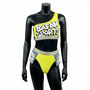 Traje de baño de lujo GSM de poliéster y spandex con un solo hombro, amarillo neón, negro, con paneles de malla y logotipo de diamantes de imitación para mujer. - Product Image 6