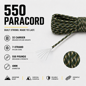 Military Green Camo 4mm Paracord Rope 550 Type Nylon Utility <b>Cord</b> for Camping, Survival, Craft and DIY Use - Product Image 5