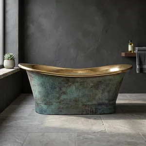 Bañera de latón de base recta con acabado exterior en pátina y interior en latón pulido, bañera independiente hecha a mano, estilo vintage de lujo - Product Image 5