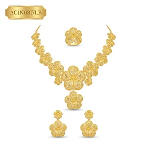 Luxury Flower Design African Jewelry Set 24K Gold Plated Nigerian Bridal <b>Necklace</b> with Earrings & <b>Ring</b> Fashion <b>Necklace</b> - Product Image 3