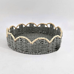 Scalloped Woven <b>Paper</b> Rope Tray - Round Gray Storage Bin with White Scalloped Edge for Decor - Product Image 2