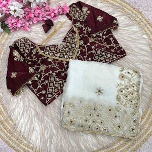 Sari de satén de seda de diseñador con bordado de lentejuelas y borde calado, con blusa cosida, precio mayorista de Royal Export - Product Image 2