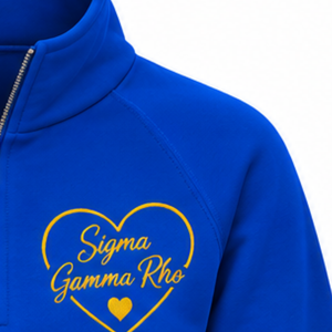 Sudadera universitaria de mujer Sigma Gamma Rho con media cremallera, azul real, personalizada, estilo universitario informal - Product Image 5