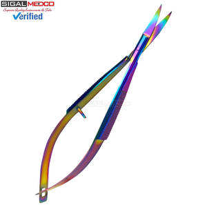 Tijeras Manuales Castroviejo de 4.5 Pulgadas, Curvas, de Acero Inoxidable Arcoíris Multicolor, para Cirugía General, Certificación CE Clase I, Garantía de 3 Años - Product Image 1