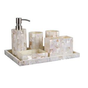 Elegant Rectangle Natural Shell Bathroom Set Six Piece With <b>Soap</b> Dispenser Toothbrush <b>Holder</b> And Jar Easy To Clean - Product Image 1