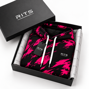 Sweat-shirt à capuche pour homme RITS, noir et rose, imprimé abstrait, coupe classique, décontracté, avec poche avant et cordons de serrage blancs - Product Image 5