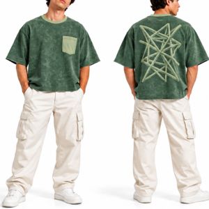 เสื้อยืดโอเวอร์ไซส์แขนสั้นสีเหลืองสำหรับผู้ชาย AGREE ผ้าฝ้าย 100% พิมพ์ลายซิลค์สกรีน แต่งขอบตัดกันแบบวินเทจ มีกระเป๋าหลังลายทาง - Product Image 6