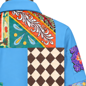 Chaqueta de Trabajo Azul Cielo con Mosaico, Chaqueta Casual con Botones y Parches Florales Multicolores, Estilo Urbano con Bolsillos Funcionales - Product Image 5