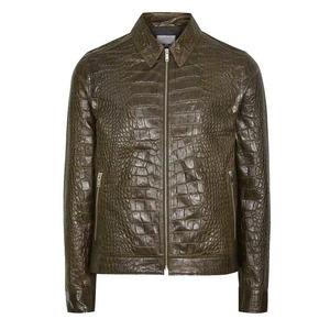 Veste en cuir véritable gaufré croco pour homme, col rabattu, fermeture éclair sur le devant, style motard, vêtement d'automne - Product Image 3