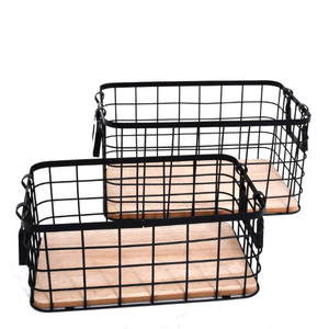 Best Selling Modern High Quality Home Decorative Classic Handmade Wooden Base <b>Storage</b> Black Iron <b>Wire</b> Fruit <b>Basket</b> - Product Image 3