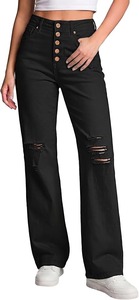 Jean Bootcut en Denim Noir Coton Effet Sculptant Coupe Droite Taille Mi-Haute Longueur Genou Style Vintage Lavable - Product Image 6