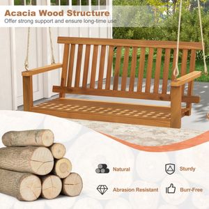 2 Seat Acacia <b>Wood</b> Porch <b>Swing</b> <b>Bench</b> with 2 Hanging Hemp Ropes for Patios - Product Image 6
