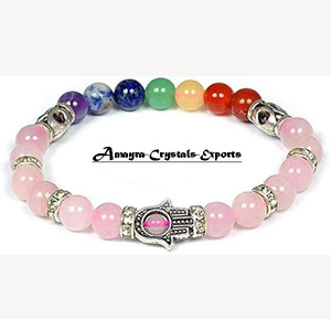 Pulsera Ajustable de Cuarzo Rosa Natural de Primera Calidad con Cuentas de Chakra y Mano de Hamsa, Compre Artículos Genuinos en Línea en Amayra Crystals - Product Image 1