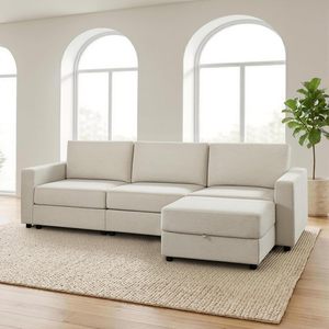 Sofá en Forma de L de 3 Plazas Tapizado de Lujo Estilo Mid-Century Personalizado con Reposabrazos de Madera para Muebles de Salón de Hotel - Product Image 1