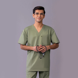 Conjunto de uniforme médico para hombre: camiseta con cuello en V y pantalón, de tela tejida de algodón y poliéster, con detección de agujas - Product Image 1