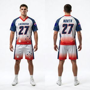 Conjunto de Lacrosse con Franjas Verticales Rojas, Blancas y Azules, Jersey Sublimado, Pantalones Cortos Transpirables de Malla de Poliéster, Ropa Deportiva para Partidos - Product Image 1
