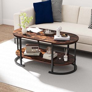 Oval 2-Tier Wooden Accent <b>Coffee</b> <b>Table</b> with Spacious Tabletop and Open Storage Shelf - Product Image 3