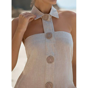 เดรสสั้นผ้าลินินคอปกแบบผูกเชือกติดกระดุม หรือ เสื้อเชมิสผ้าลินินติดกระดุมลายเหรียญ - Product Image 1