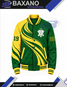 Chaqueta universitaria de satén verde y amarillo con contraste para mujer Chi Eta Phi, bordada con letras griegas, cuello y puños de punto a rayas, ropa exterior - Product Image 4