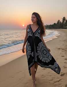 Silk Blend <b>Boho</b> <b>Dress</b> | Black & White Mandala Print Asymmetrical Hem | Formal <b>Summer</b> Wear Maxi <b>Dress</b> For Women - Product Image 6