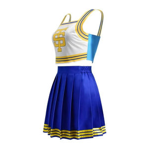 Uniforme de animadora blanco y azul para mujer con logo amarillo, top sin mangas y falda plisada para adultos, nuevo diseño, precio al por mayor. - Product Image 3