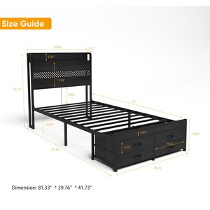 Black Metal <b>Twin</b> <b>Bed</b> <b>Frame</b> with Headboard and Storage Drawers Single <b>Bed</b> Platform <b>Frame</b> - Product Image 4