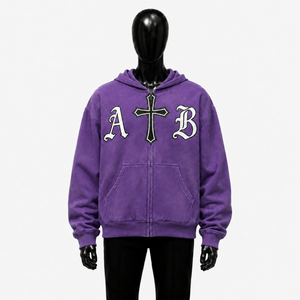 Sudadera con capucha morada personalizada con cremallera, estilo gótico oversize con gráfico de cruz y letras AB, ropa urbana unisex, sudadera con capucha de moda para hombres y mujeres - Product Image 1