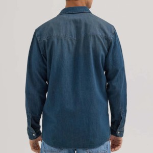 Chemise en jean bleue pour homme, manches longues, style streetwear décontracté, col montant, couleur unie, délavage moyen, coupe droite, poches poitrine - Product Image 4