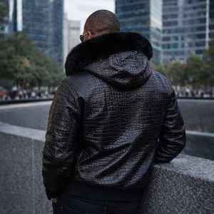 Men's Genuine Leather <b>Hooded</b> <b>Jacket</b> Red Crocodile Embossed <b>Fur</b> Hood Winter Bomber <b>Jacket</b> Custom - Product Image 5