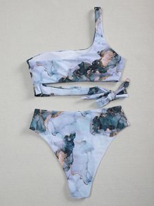 Conjunto de bikini con estampado floral para mujer, top tipo bandeau, parte inferior de cintura alta, traje de baño elástico - Product Image 4