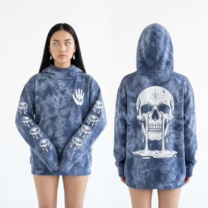 Sudadera con capucha de cremallera completa para mujer, 500GSM, forro polar grueso, azul turquesa, con gráfico de calavera, efecto desgastado, lavado ácido, hombros caídos - Product Image 3