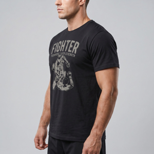 T-shirt noir à manches courtes pour homme Fighter Technique Over Strength, imprimé, col rond, coupe classique, style décontracté - Product Image 2