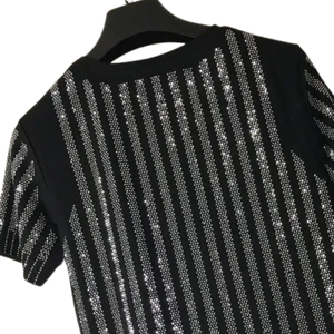 T-shirt pour femme orné de strass, coton premium, col rond décontracté, vêtements personnalisés, vente en gros, usine - Product Image 5