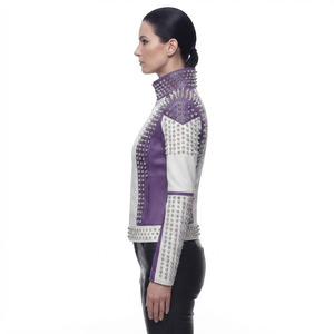 Women Leather Studded <b>Jacket</b> Wholesale Female Leather Studded Slim Fit Biker <b>Jacket</b> Ladies Stand Collar Leather Studded <b>Jacket</b> - Product Image 3