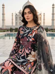 Conjunto de Salwar Kameez con estampado floral para mujer con Dupatta |   Traje Kurta Palazzo Étnico Negro de Rayón, Corte Holgado - Product Image 5