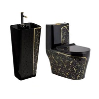 Ensemble WC monobloc noir de luxe et lavabo suspendu, WC en céramique à poser au sol avec ligne dorée pour salle de bain