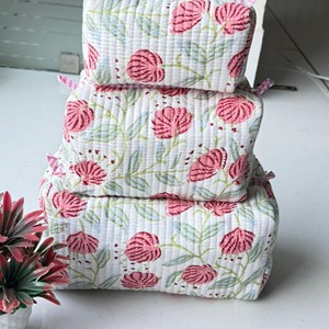 Lovely Cotton Quilted Cosmetic <b>Toiletry</b> Bag with Pink Floral Pattern Foldable Makeup <b>Storage</b> Pouch Medium Size Hook Loop Closure - Product Image 6